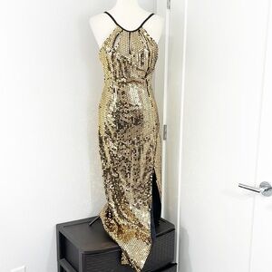 Vintage Nadine Size 9 Gold Sequin Formal Halter Neck Backless Dress